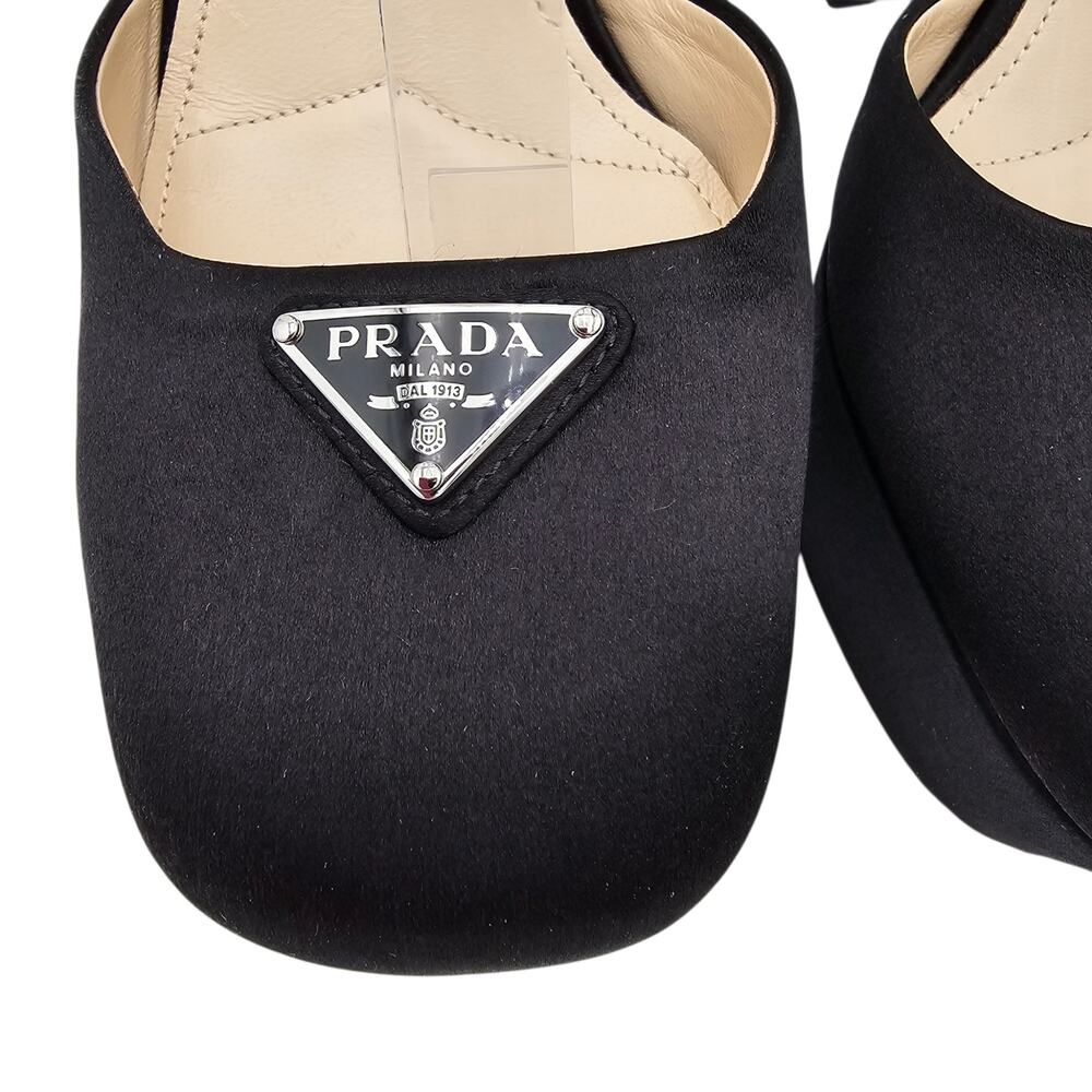 Prada Black Satin Platform Block Heel Pump Logo Ankle Strap Silver Size 39.5 9.5 - Picture 5 of 12